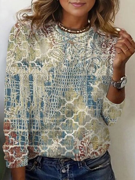 Women's Long Sleeve Tee T-shirt Spring/Fall Ethnic Jersey Crew Neck Daily Going Out Casual Top, JustFashionNow T-Shirts, color:Apricot|size:XXL,