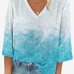 Women's Three Quarter Sleeve Blouse Spring/Fall Ombre V Neck Daily Going Out Casual Top, JustFashionNow Blouses, color:Blue|size:XXL,