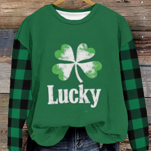 Women's St Patricks Day Lucky Four-leaf Clover Print Long Sleeve Crew Neck Floral Sweatshirt, JustFashionNow Sweatshirts & Hoodies, color:Green|size:XXL,