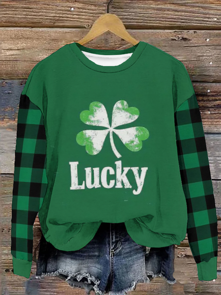 Women's St Patricks Day Lucky Four-leaf Clover Print Long Sleeve Crew Neck Floral Sweatshirt, JustFashionNow Sweatshirts & Hoodies, color:Green|size:XXL,