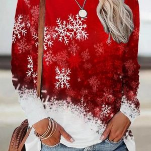 Women's Long Sleeve Tee T-shirt Spring/Fall Snowflake Printing Jersey Crew Neck Holiday Going Out Casual Top, JustFashionNow T-Shirts, color:Red|size:XXL,
