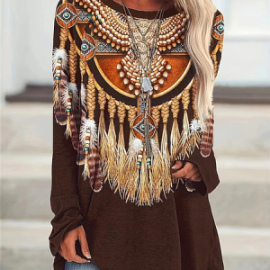 Women's Long Sleeve Tee T-shirt Spring/Fall Ethnic Printing Jersey Crew Neck Holiday Going Out Casual Top, JustFashionNow T-Shirts, color:Brown|size:XXL,