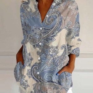 Street Paisley Shawl Collar Linen Blend Shirt, Blouses, Lilicloth.com