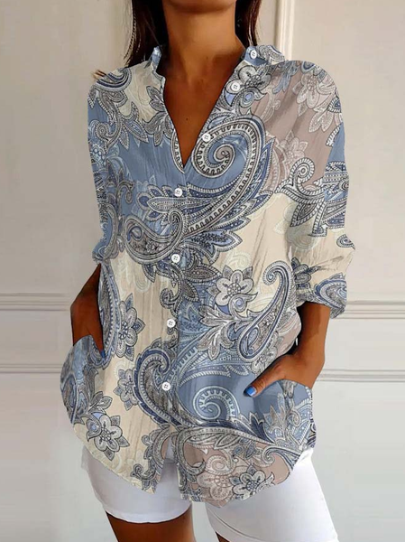 Street Paisley Shawl Collar Linen Blend Shirt, Blouses, Lilicloth.com