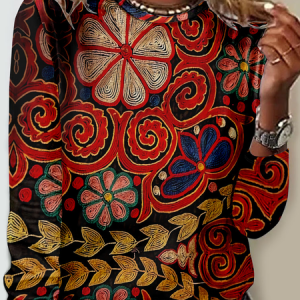 Women's Long Sleeve Tee T-shirt Spring/Fall Ethnic Jersey Crew Neck Daily Going Out Casual Top, JustFashionNow T-Shirts, color:Red|size:4XL,
