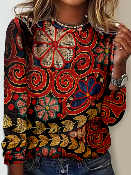 Women's Long Sleeve Tee T-shirt Spring/Fall Ethnic Jersey Crew Neck Daily Going Out Casual Top, JustFashionNow T-Shirts, color:Red|size:4XL,