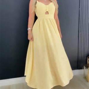 Plain Tied Detail Hollow-out A Line Dress Casual Waist Spaghetti Strap Maxi Dress, women Maxi Dresses, ChicMe catalog