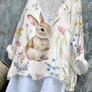 Linen Easter Cotton V Neck T-Shirt, Long sleeves, Lilicloth.com