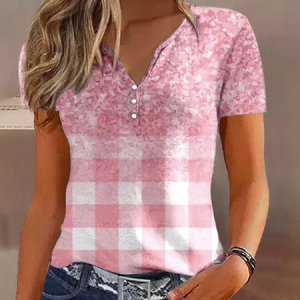 Women's Short Sleeve Tee T-shirt Summer Plaid Buckle Notched Casual Top, JustFashionNow T-Shirts, color:Pink|size:XXL,