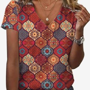 Women's  Moroccan Print V-Neck Short Sleeve Summer T-shirt, JustFashionNow T-Shirts, color:Red|size:XXL,
