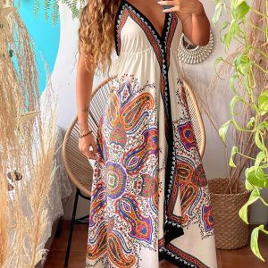 Tribal Print Plung V Neck Sleeveless Maxi Dress Caual Halter A Line Asymmetrical Vacation Dress, women Print Dresses, ChicMe catalog