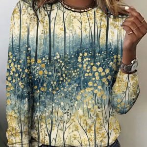 Casual Floral Crew Neck Long Sleeve T-shirt, T-shirts, color:Apricot|size:5XL, catalog Noracora shop