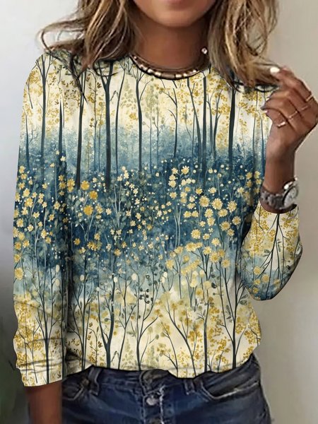 Women Floral Long Sleeve Tee T-shirt Crew Neck Casual Spring/Fall Top, JustFashionNow T-Shirts, color:Apricot|size:5XL,
