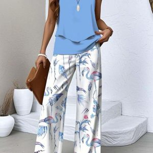 Women's Floral Two-Piece Set Daily Sleeveless Casual Summer Top With Pants Matching Set, JustFashionNow Suit Set, color:Sky Blue|size:XXL,