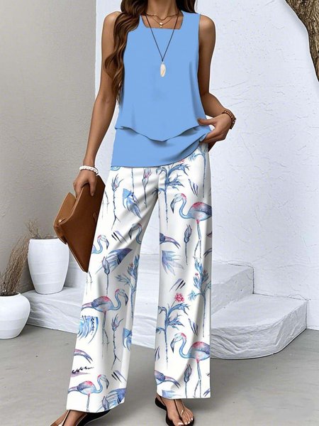 Women's Floral Two-Piece Set Daily Sleeveless Casual Summer Top With Pants Matching Set, JustFashionNow Suit Set, color:Sky Blue|size:XXL,