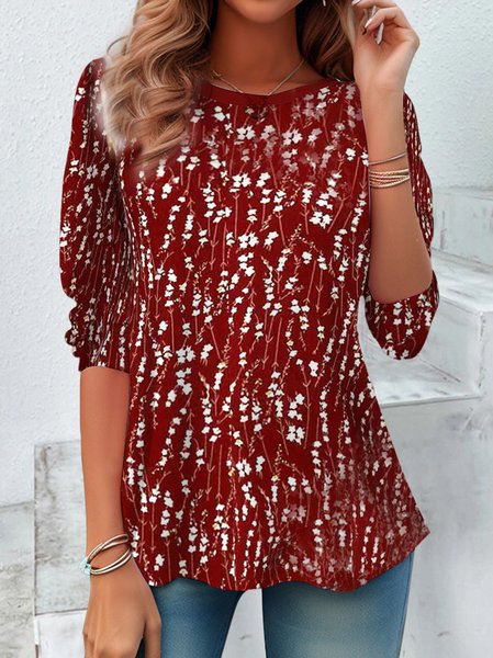 Floral Print Long Sleeve Crew Neck T-shirt, Long sleeves, Lilicloth.com - Image 2