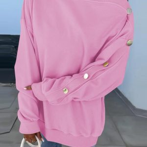 Skew Neck Buttoned Long Sleeve Sweatshirt Casual Drop Shoulder Versatile Pullover Top, women Sweats & Hoodies, ChicMe catalog