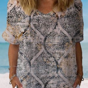 Women's Short Sleeve Blouse Summer Ethnic Cotton Crew Neck Daily Going Out Casual Top, JustFashionNow Blouses, color:Gray|size:XXL,