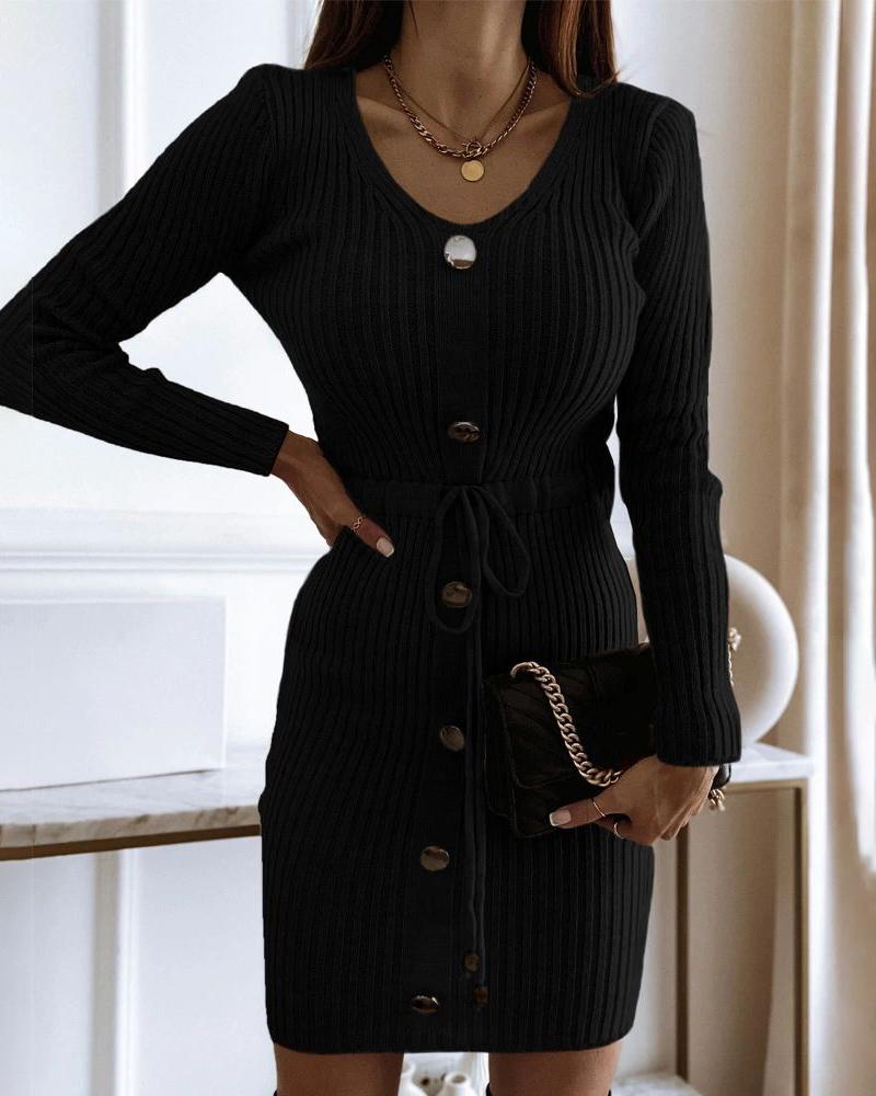 V-Neck Long Sleeve Knit Sweater Dress Button Decor Drawstring Waist Mini Dress, women Long Sleeves Dresses, ChicMe catalog - Image 3