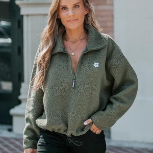 Stand Collar Drop Shoulder Half Zipper Sweatshirt Casual Drawstring Hem Faux Shearling Top, women Sweats & Hoodies, ChicMe catalog