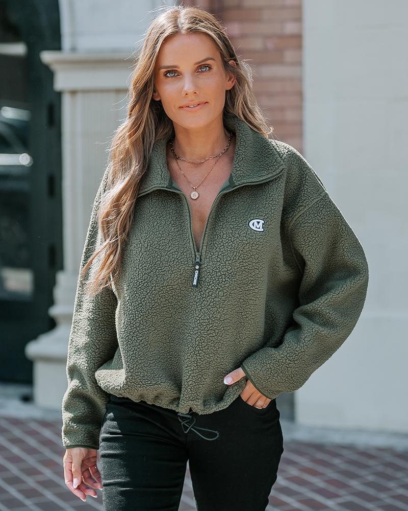Stand Collar Drop Shoulder Half Zipper Sweatshirt Casual Drawstring Hem Faux Shearling Top, women Sweats & Hoodies, ChicMe catalog