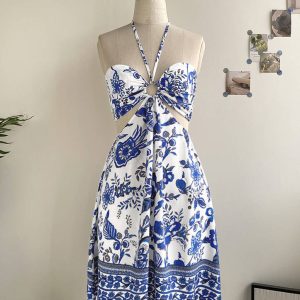 Floral Print Halter Tied Detail Elastic Shirred Back Mini Dress Casual A Line Dress, women Casual Dresses, ChicMe catalog