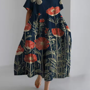 Women's Artistic Floral Print Vintage Round Neck Pleated Maxi Dress, Dresses, Lilicloth.com