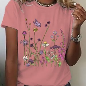 Women's Realaxed Wildflowers Casual Short SleeveT-Shirt, T-shirts, Lilicloth.com