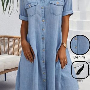 Casual Buckle Loose Shirt Collar Denim Dress, JustFashionNow Casual Dresses, color:Blue|size:XXL,