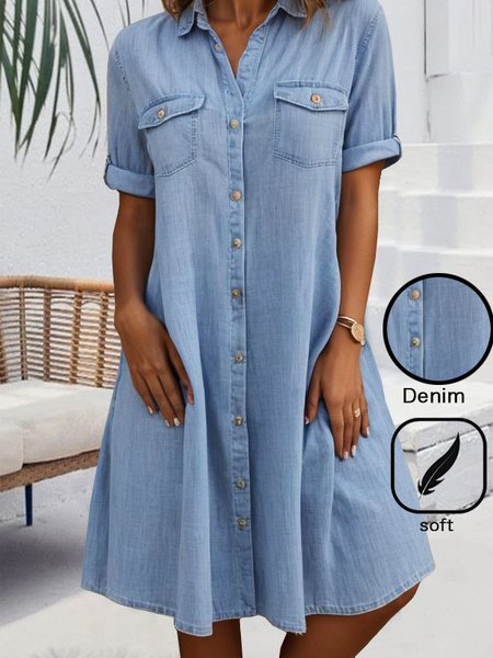 Casual Buckle Loose Shirt Collar Denim Dress, JustFashionNow Casual Dresses, color:Blue|size:XXL,