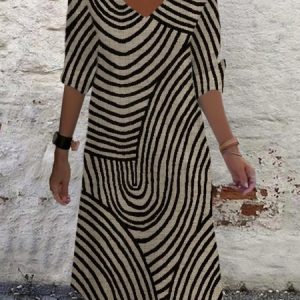 Women's Long Sleeve Summer Abstract Jersey Dress V Neck Daily Going Out Casual Midi A-Line TUNIC, JustFashionNow Dresses, color:Apricot|size:XXL,