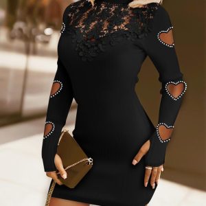Guipure Lace Appliques Mock Neck Pearls Decor Hollow Heart Long Sleeve Bodycon Dress Hollow-out Back Party Dress, women Bodycon Dresses, ChicMe catalog
