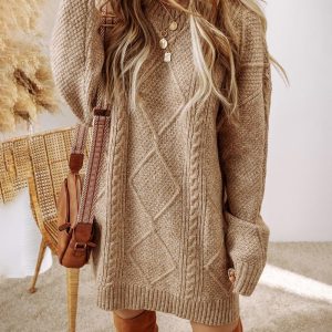 Round Neck Long Sleeve Drop Shoulder Pullover Sweater Casual Loose Fit Cable Knit Mid-length Sweater, women Sweaters & Cardigans, ChicMe catalog