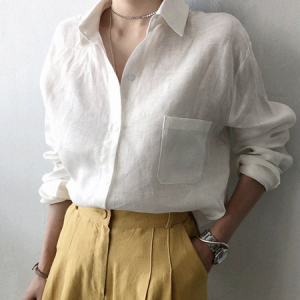 JFN Cotton & Linen Loose Plain Shirt Collar Casual Blouse, JustFashionNow Shirts, color:White|size:XXL,