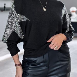 Rhinestone Star Pattern Crewneck Batwing Sleeve Sweater Casual Pullover Knit Top, women Sweaters & Cardigans, ChicMe catalog