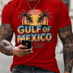 Men'S Retro Gulf Of Mexico Printed Casual Crew Neck T-Shirt, T-shirts, Lilicloth.com