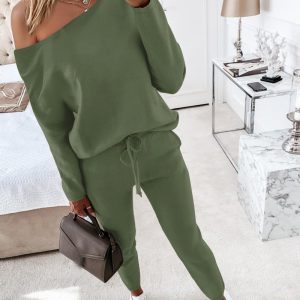 2 Pieces Outfit Long Sleeve Skew Neck Pullover Top and Drawstring Elastic Waist Slim Fit Pants Set, women Two-piece Sets, ChicMe catalog