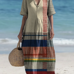 Women Geometric V Neck Short Sleeve Comfy Casual Maxi Dress, Maxi, color:Khaki|size:3XL, catalog Noracora shop