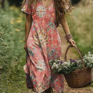 Women Vintage Floral V Neck Short Sleeve Comfy Casual Maxi Dress, Dresses, color:As Picture|size:4XL, catalog Noracora shop