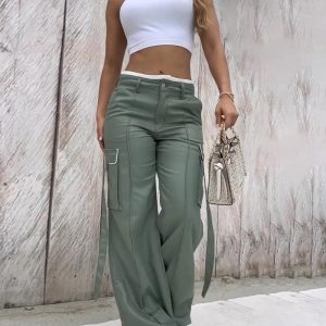 Low-Rise Colorblock Waist Patch Pants Casual Pockets Design Wide Leg Cargo Pants, women Pants, ChicMe catalog