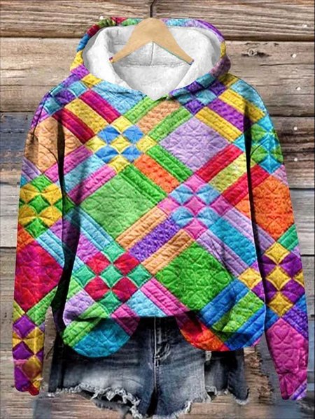Colorful Checkered Print Casual Hoodie Sweatshirt, Hoodies&Sweatshirts, Lilicloth.com