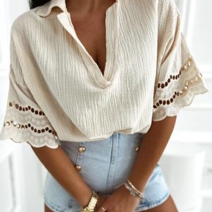 Polo Lace Hem Short Sleeve Blouse Casual Loose Fit Top, women Blouses & Shirts, ChicMe catalog