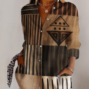 Shirt Collar Long Sleeve Geometric Regular Micro-Elasticity Regular Fit Shirt For Women, Shirts, color:Brown|size:4XL, catalog Noracora shop