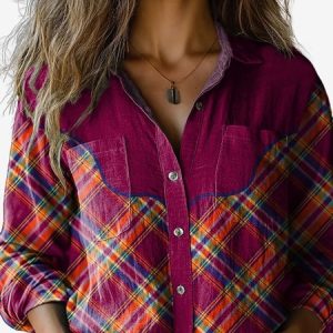 Women's Long Sleeve Shirt Spring/Fall Plaid Shirt Collar Holiday Going Out Casual Top, JustFashionNow Shirts, color:Rose Red|size:XXL,