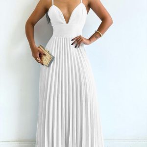 Deep V Neck Adjustable Spaghetti Straps Backless Pleated Dress Elegant Zipper Side Tie Back Maxi Dress, women Maxi Dresses, ChicMe catalog