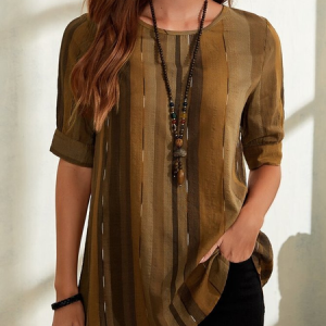 Women's Striped Short Sleeve Blouse_ Summer Printing Crew Neck Daily Casual Top, JustFashionNow T-Shirts, color:Brown|size:5XL,