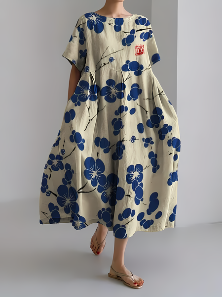 Women's Japanese Art Floral Print Vintage Round Neck Pleated Maxi Dress, Dresses, Lilicloth.com - Image 2