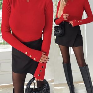 Mock Neck Long Sleeve Button Detail Tee Slim Fit Pullover Top, women T-shirt & Tees, ChicMe catalog