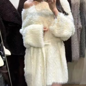 Skew Neck Faux Fur Tied Detail Long Sleeve Sweater Winter Top, women Sweaters & Cardigans, ChicMe catalog