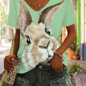 Women's Cute Rabbit Print Casual Easter Loose T-Shirt, T-shirts, Lilicloth.com